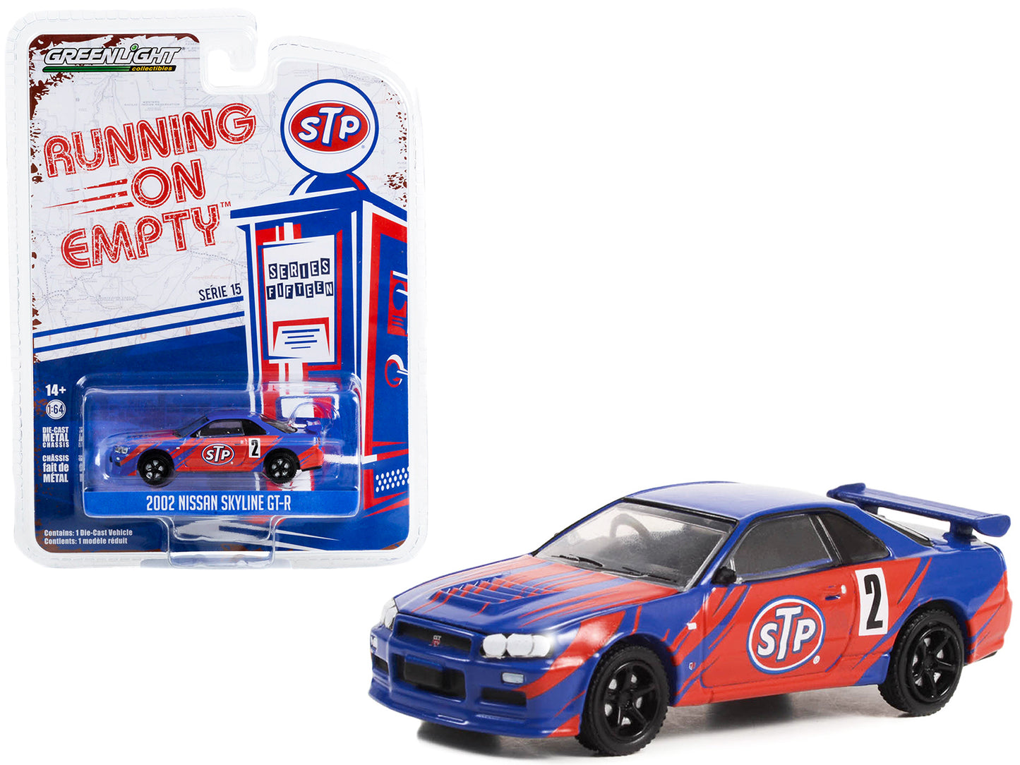 2002 Nissan Skyline GT-R (R34) #2 Blue with Red Graphics "STP" "Running on Empty" Series 15 1/64 Diecast Model Car by Greenlight-DiecastModeler.com