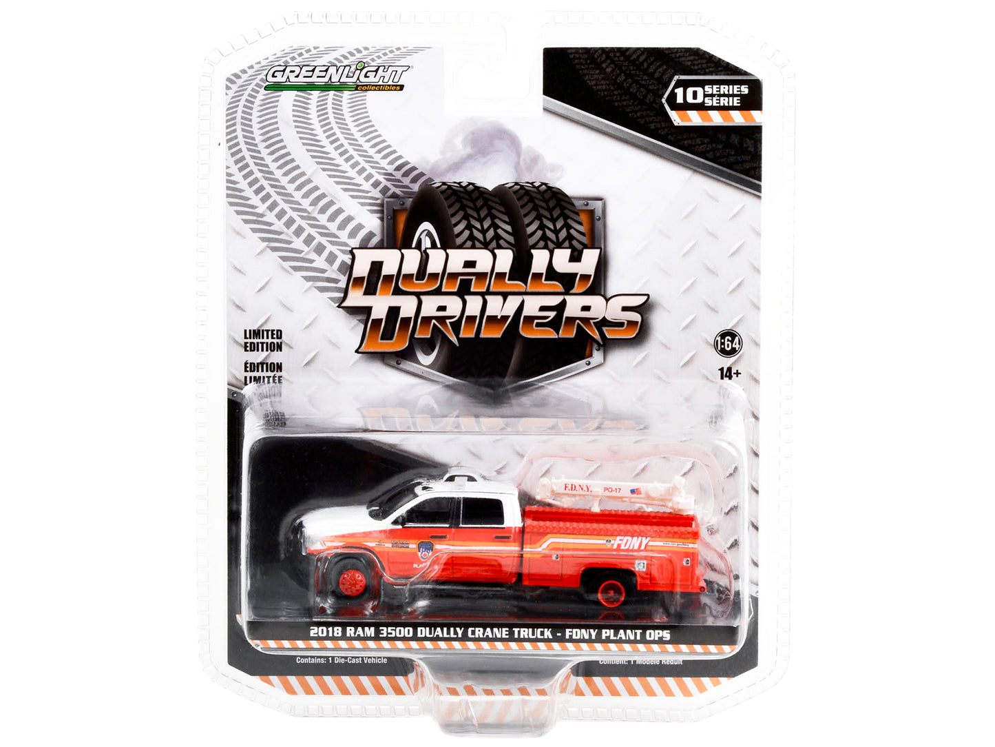 2018 Ram 3500 Dually Crane Truck Red and White with Stripes "FDNY (Fire Department of the City of New York) Plant Ops" "Dually Drivers" Series 10 1/64 Diecast Model Car by Greenlight-DiecastModeler.com