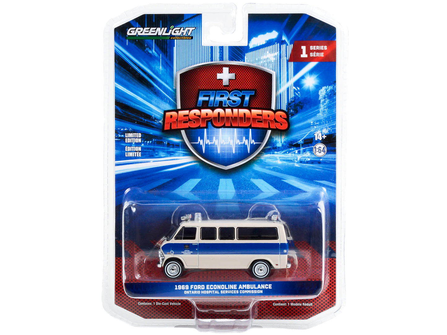 1969 Ford Econoline Ambulance Beige with Blue Stripes "Ontario Hospital Services Commission Ontario Canada" "First Responders" Series 1 1/64 Diecast Model Car by Greenlight-DiecastModeler.com