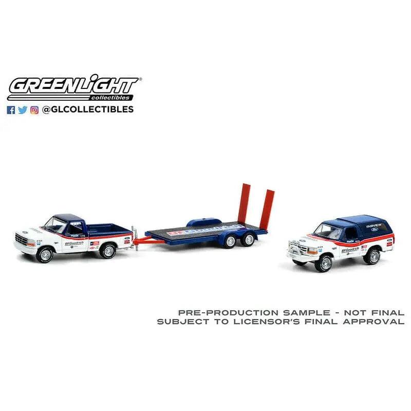 Hitch & Tow - Ford F-150 Pickup Truck and Ford Bronco with Flatbed Trailer BFGR-DiecastModeler.com