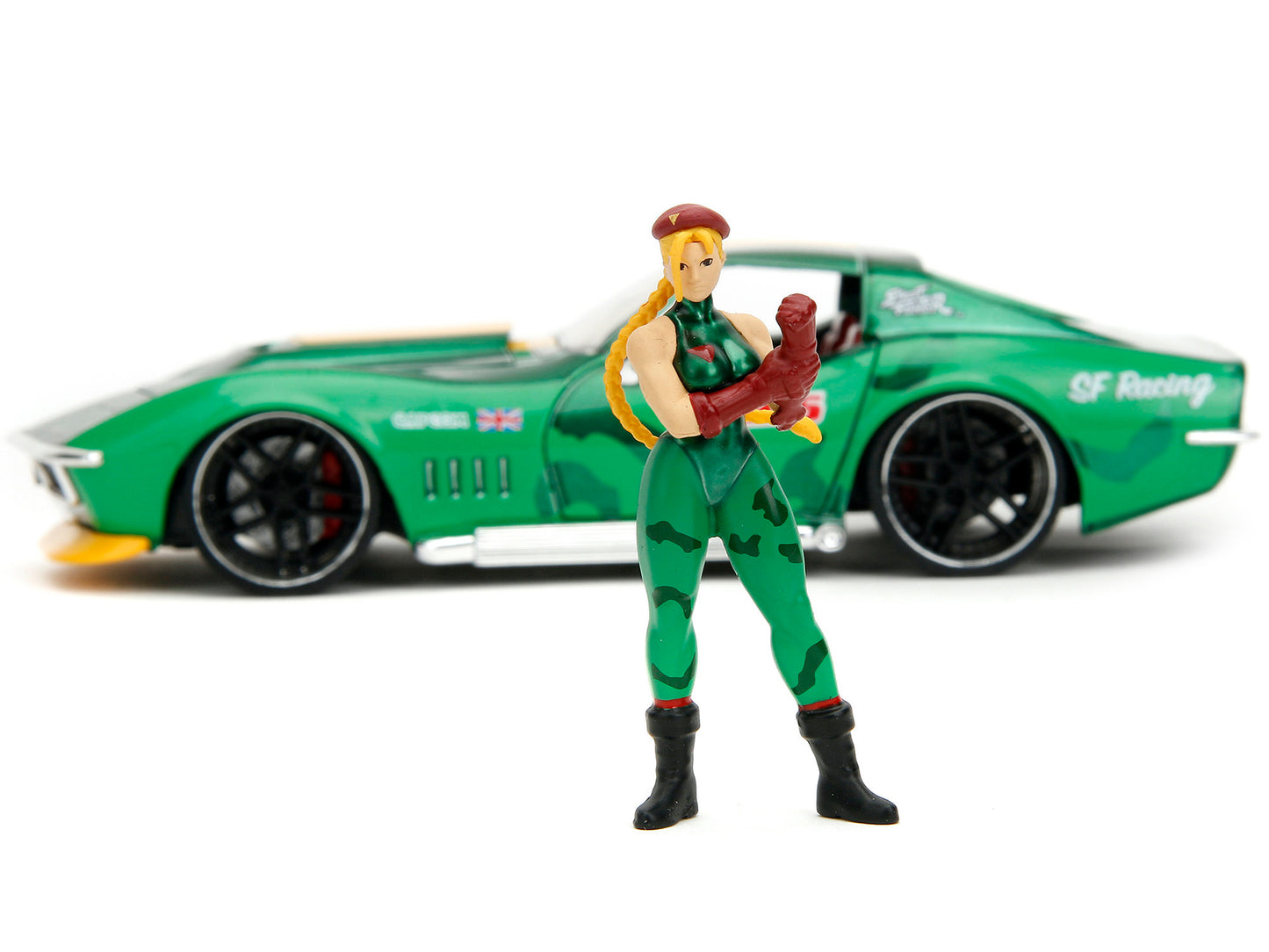1969 Chevrolet Corvette Stingray ZL1 Green Metallic with Yellow Stripes and Cammy Diecast Figure "Street Fighter" Video Game "Anime Hollywood Rides" Series 1/24 Diecast Model Car by Jada-DiecastModeler.com