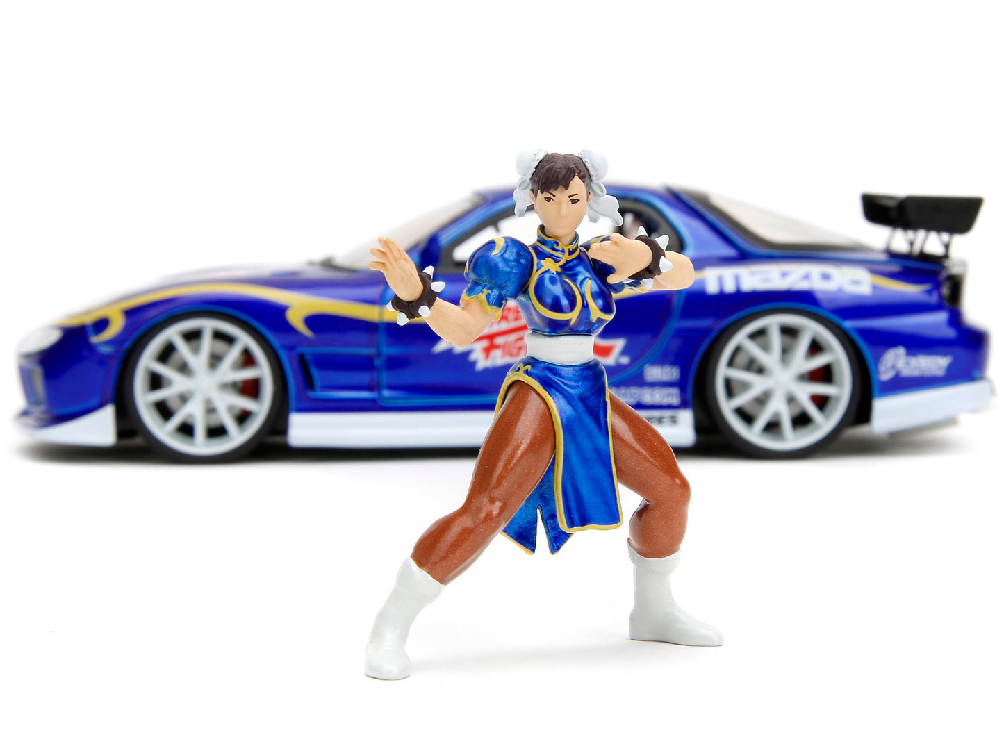 1993 Mazda RX-7 Candy Blue Metallic with Graphics and Chun-Li Diecast Figure "Street Fighter" Video Game "Anime Hollywood Rides" Series 1/24 Diecast Model Car by Jada-DiecastModeler.com