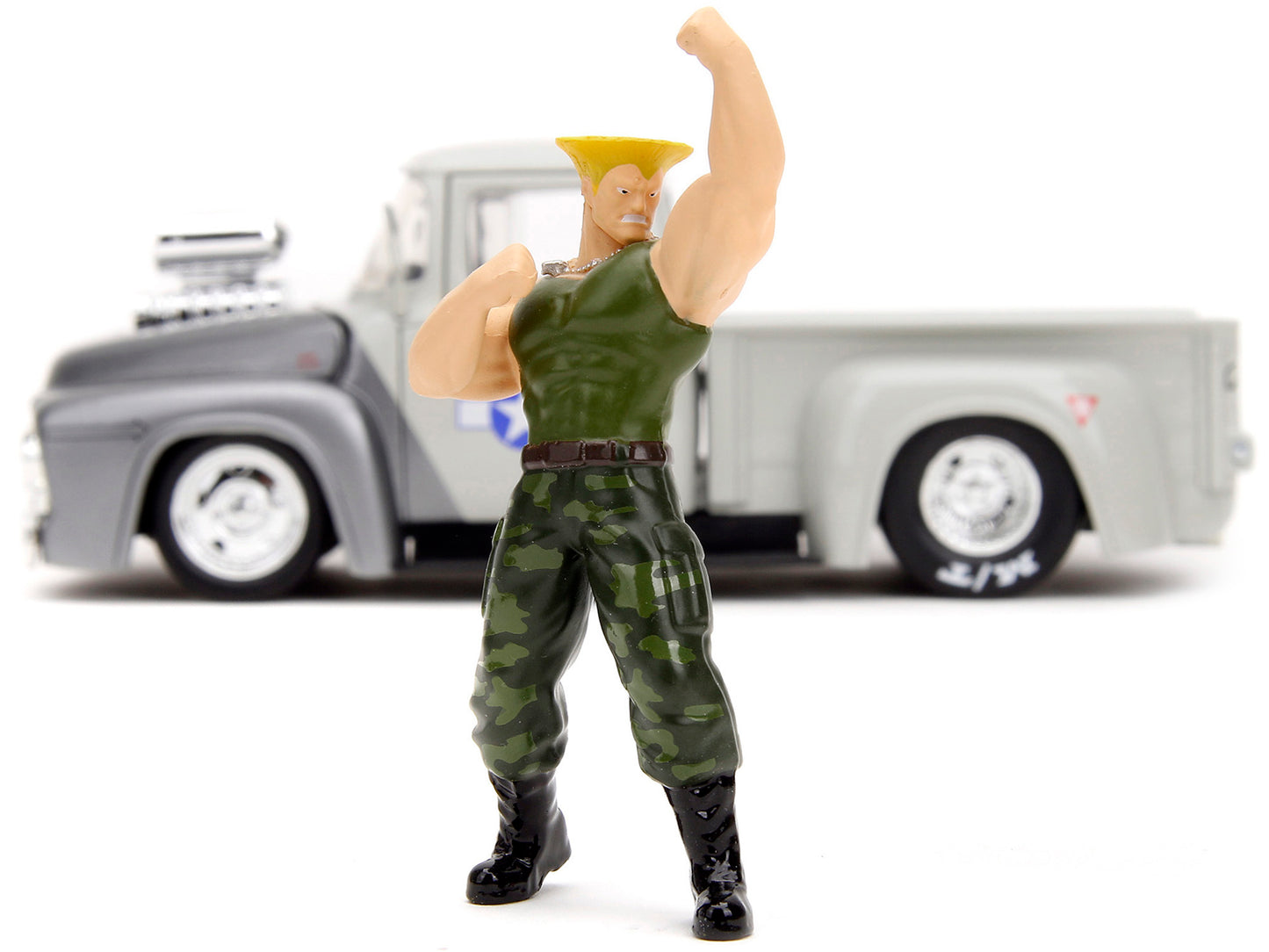 1956 Ford F-100 Pickup Truck Tan and Gray Metallic and Guile Diecast Figure "Street Fighter" Video Game "Anime Hollywood Rides" Series 1/24 Diecast Model Car by Jada-DiecastModeler.com