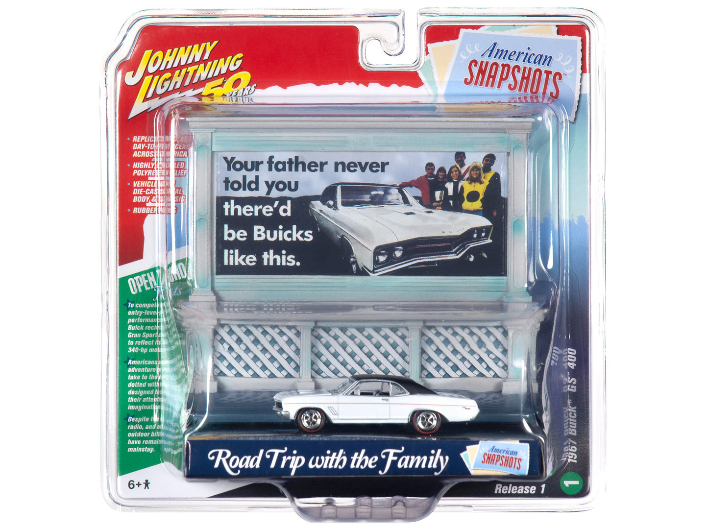 1967 Buick GS 400 White with "Buick" City Billboard "Johnny Lightning 50th Anniversary" 1/64 Diecast Model Car by Johnny Lightning-DiecastModeler.com