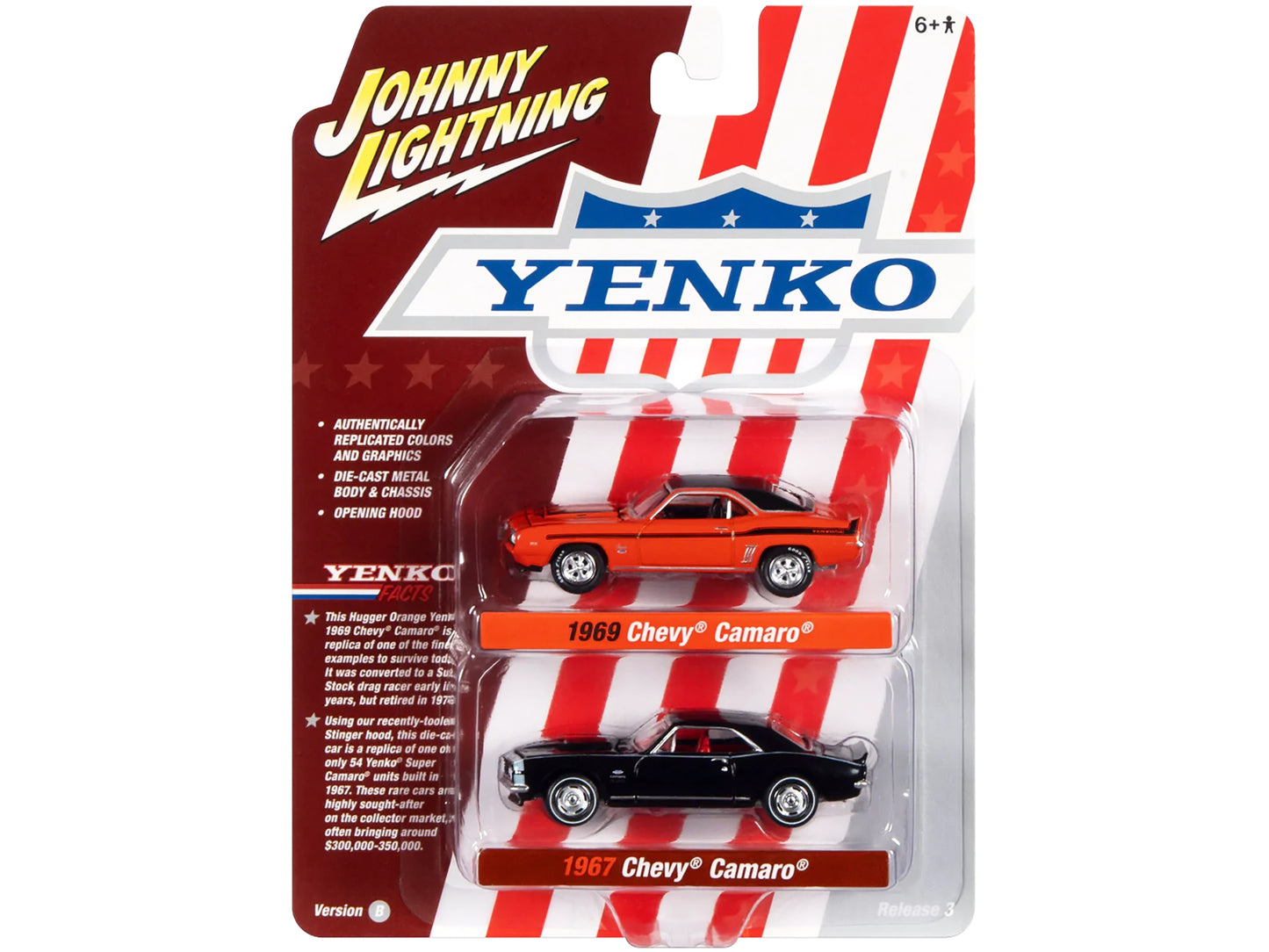 1969 Chevrolet Camaro Hugger Orange with Black Top and Stripes and 1967 Chevrolet Camaro Black with White Stripe and Red Interior "Yenko" Series Set of 2 Cars 1/64 Diecast Model Cars by Johnny Lightning-DiecastModeler.com