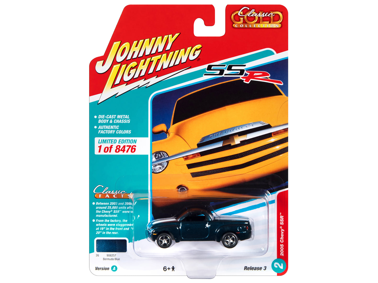 2005 Chevrolet SSR Pickup Truck Bermuda Blue Metallic with White Stripes "Classic Gold Collection" Series Limited Edition to 8476 pieces Worldwide 1/64 Diecast Model Car by Johnny Lightning