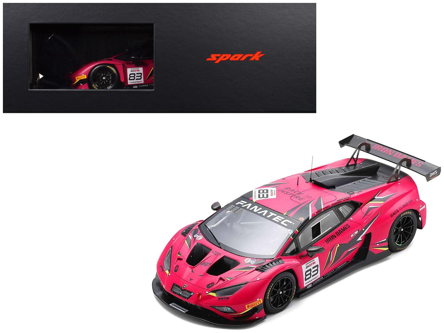 Lamborghini Huracan GT3 Evo2 #83 Sarah Bovy - Rahel Frey - Michelle Gatting - Doriane Pin "Iron Dames" "24 Hours of Spa" (2023) with Acrylic Display Case 1/18 Model Car by Spark-DiecastModeler.com