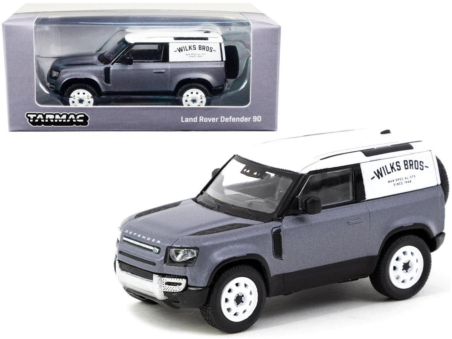 Land Rover Defender 90 Matt Blue Gray Metallic with White Top "Wilks Bros" "Global64" Series 1/64 Diecast Model Car by Tarmac Works-DiecastModeler.com