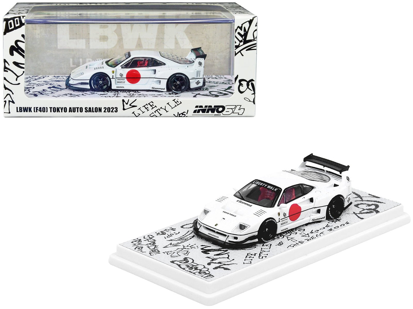 LBWK (Liberty Walk) F40 White with Graphics "Tokyo Auto Salon 2023" 1/64 Diecast Model Car by Inno Models-DiecastModeler.com