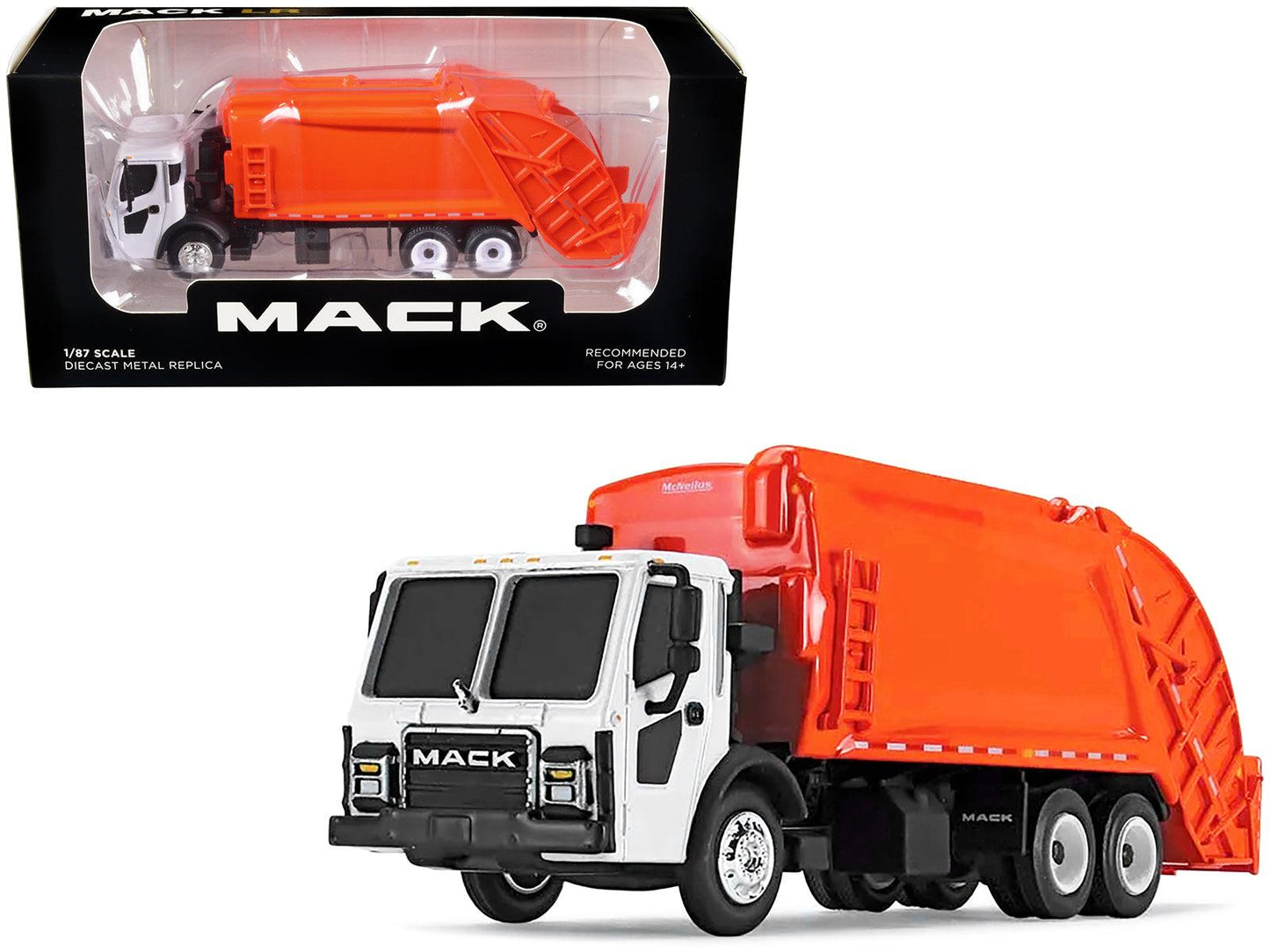 Mack LR with McNeilus Rear Load Refuse Body Orange and White 1/87 (HO) Diecast Model by First Gear-DiecastModeler.com