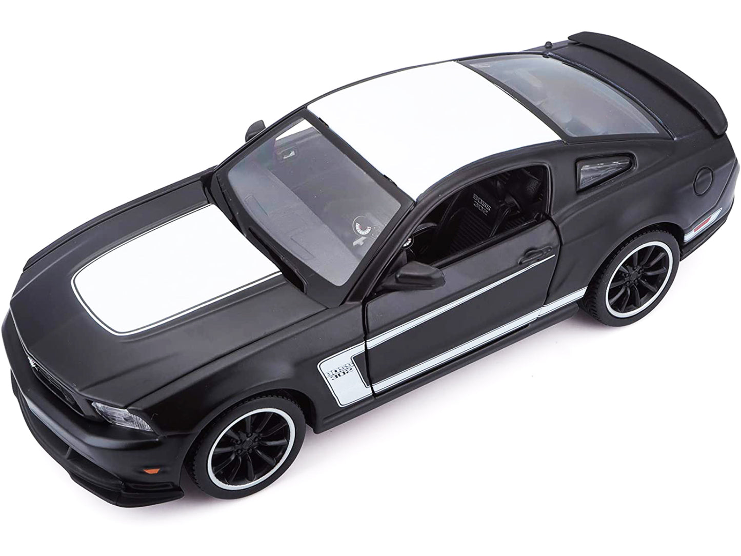 2012 Ford Mustang Boss 302 Matt Black and White 1/24 Diecast Model Car by Maisto