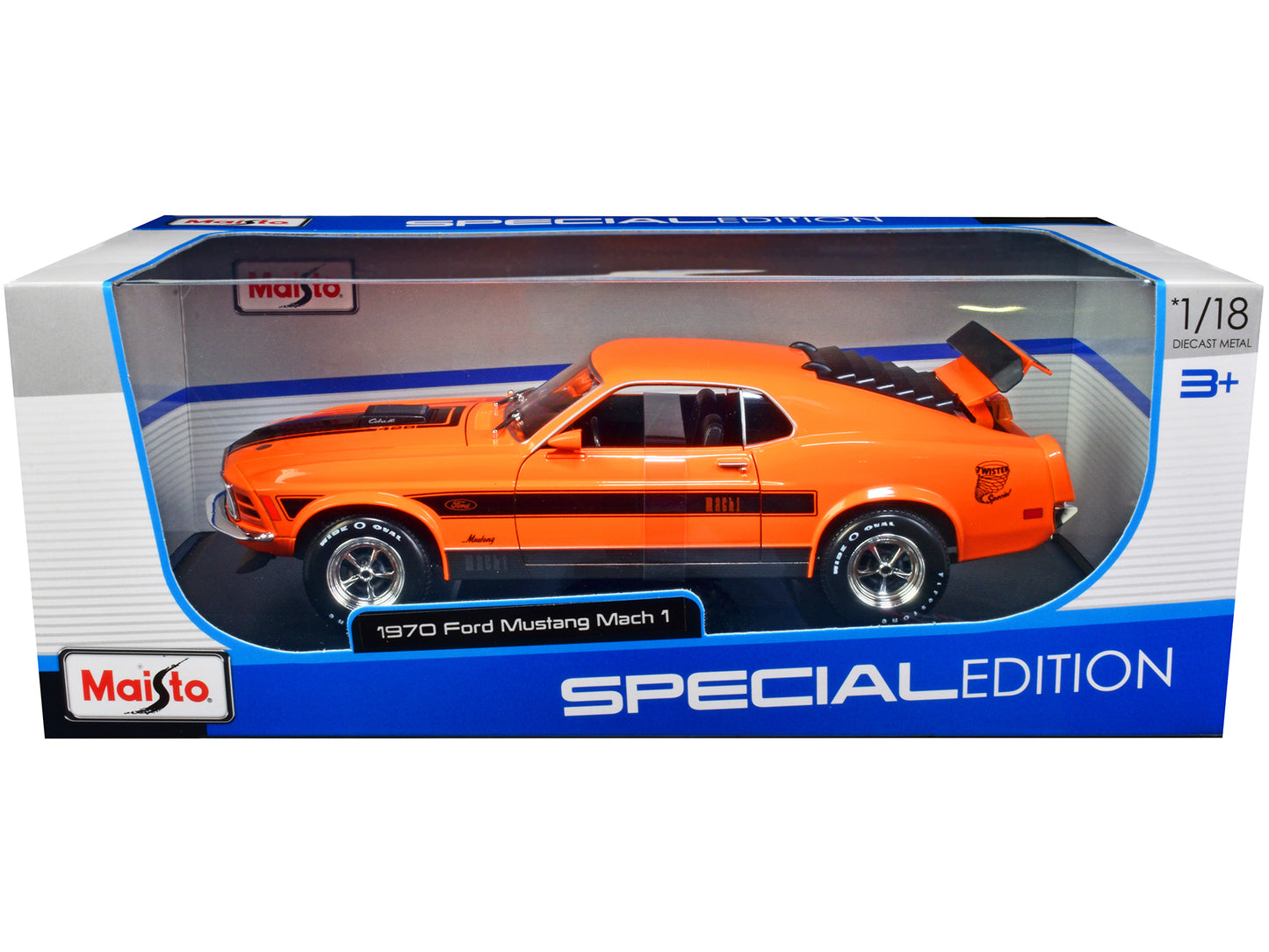 1970 Ford Mustang Mach 1 428 "Twister Special" Orange with Black Stripes "Special Edition" 1/18 Diecast Model Car by Maisto-DiecastModeler.com