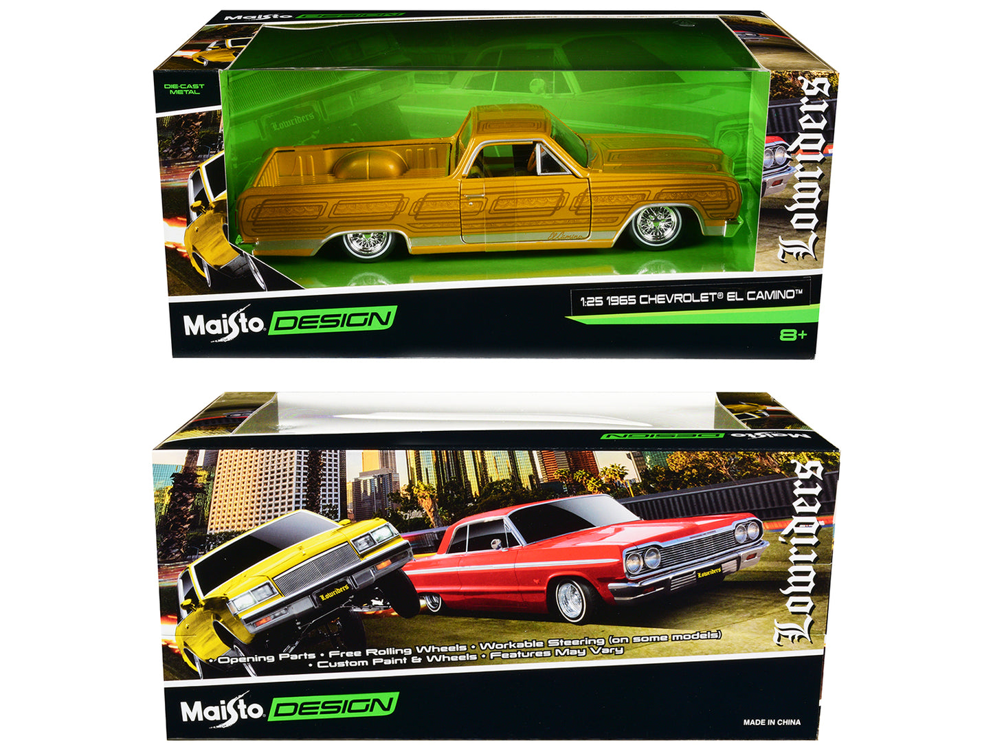 1965 Chevrolet El Camino Lowrider Gold Metallic with Graphics "Lowriders" Series 1/25 Diecast Model Car by Maisto-DiecastModeler.com