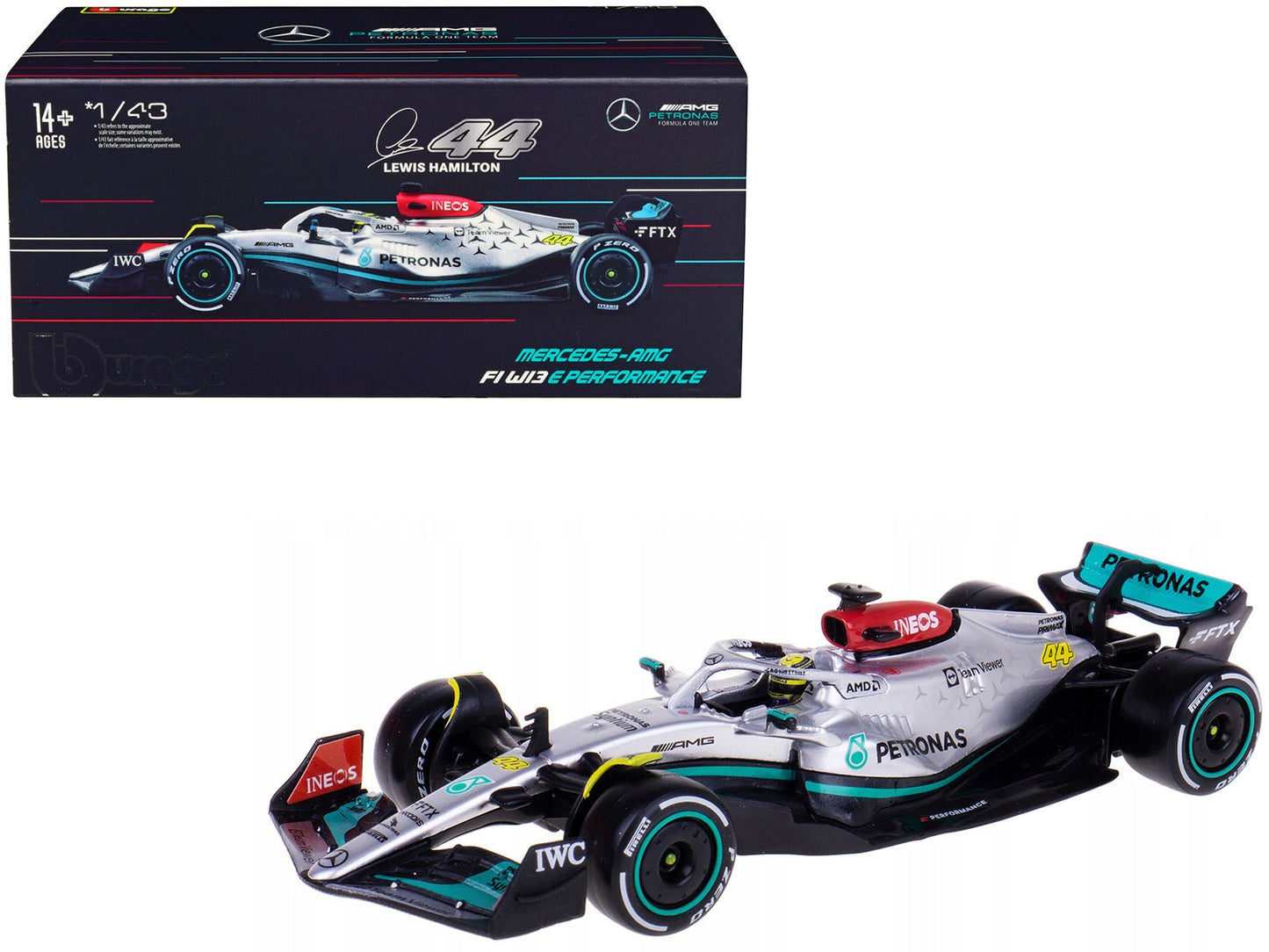 Mercedes-AMG F1 W13 E Performance #44 Lewis Hamilton "F1 Formula One World Championship" (2022) with Display Case 1/43 Diecast Model Car by Bburago-DiecastModeler.com