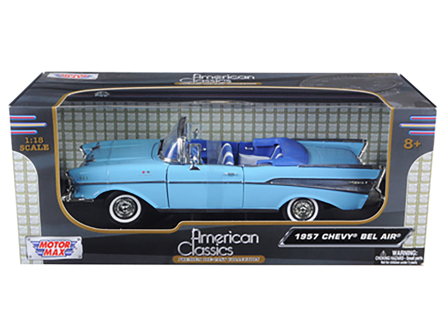 1957 Chevrolet Bel Air Convertible Light Blue with Blue Interior 1/18 Diecast Model Car by Motormax