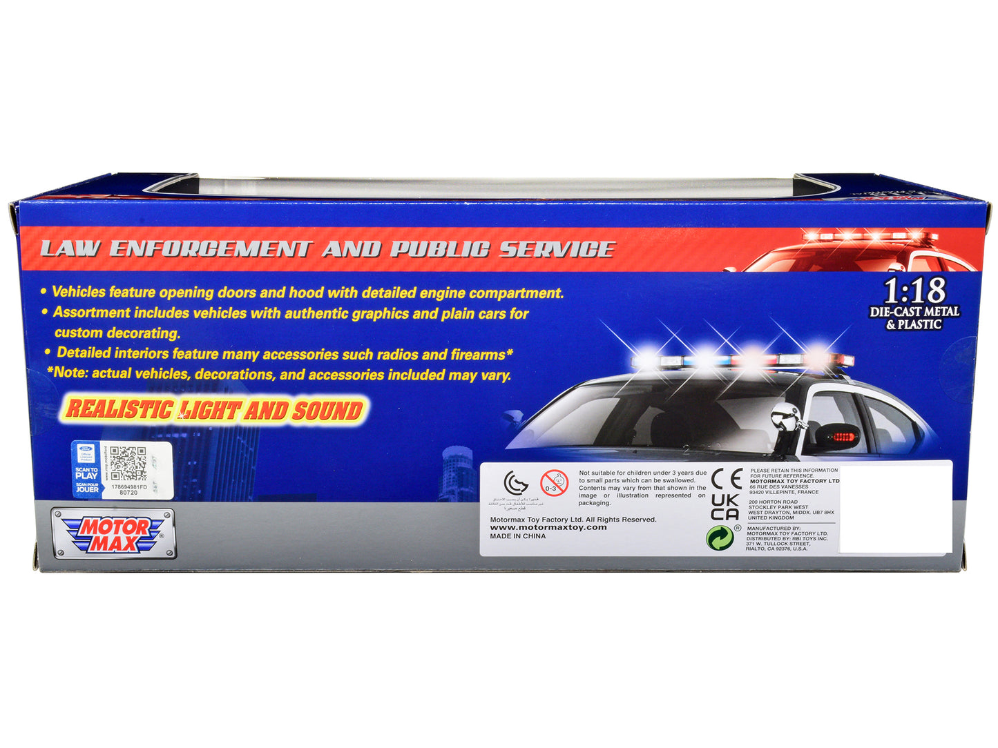 2015 Ford Police Interceptor Utility White with Flashing Light Bar and Front and Rear Lights and 2 Sounds 1/18 Diecast Model Car by Motormax