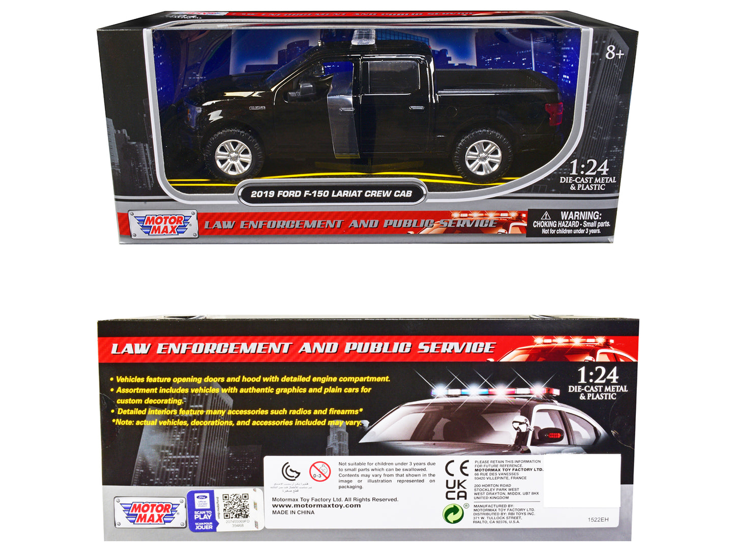 2019 Ford F-150 Lariat Crew Cab Pickup Truck Unmarked Plain Black "Law Enforcement and Public Service" Series 1/24 Diecast Model Car by Motormax-DiecastModeler.com
