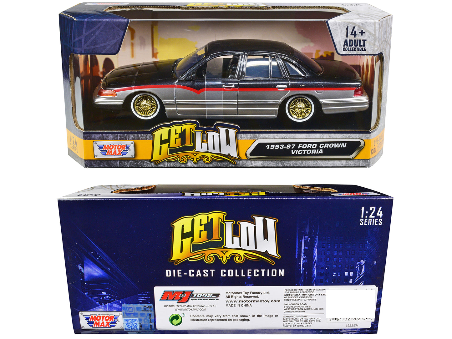1993-1997 Ford Crown Victoria Lowrider Black Metallic and Silver with Red Stripes "Get Low" Series 1/24 Diecast Model Car by Motormax