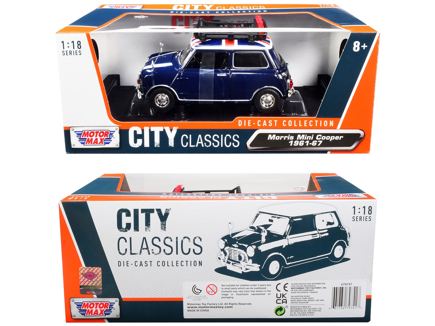 1961-1967 Morris Mini Cooper RHD (Right Hand Drive) Dark Blue with British Flag on the Top and Roof Rack "City Classics" Series 1/18 Diecast Model Car by Motormax-DiecastModeler.com