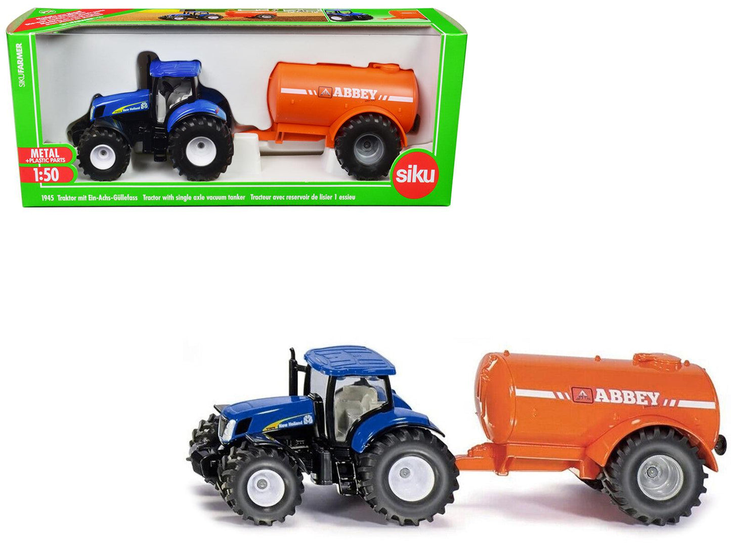 New Holland T7070 Tractor Blue with Abbey Single Axle Vacuum Tanker Orange 1/50 Diecast Model by Siku-DiecastModeler.com