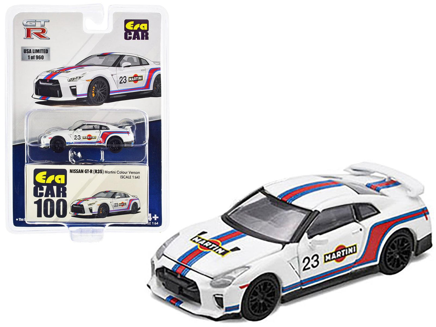 Nissan GT-R (R35) #23 White with Blue and Red Stripes "Martini Racing" Limited Edition to 960 pieces Worldwide 1/64 Diecast Model Car by Era Car-DiecastModeler.com