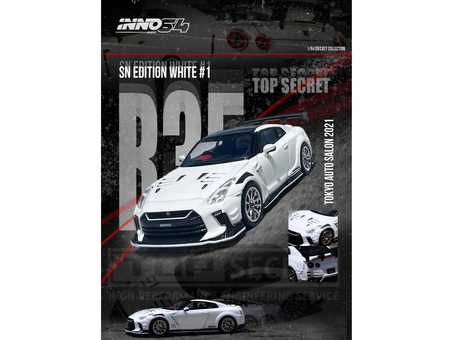 Nissan GT-R (R35) "Top Secret" RHD (Right Hand Drive) White with Black Top "Tokyo Auto Salon 2021" 1/64 Diecast Model Car by Inno Models-DiecastModeler.com