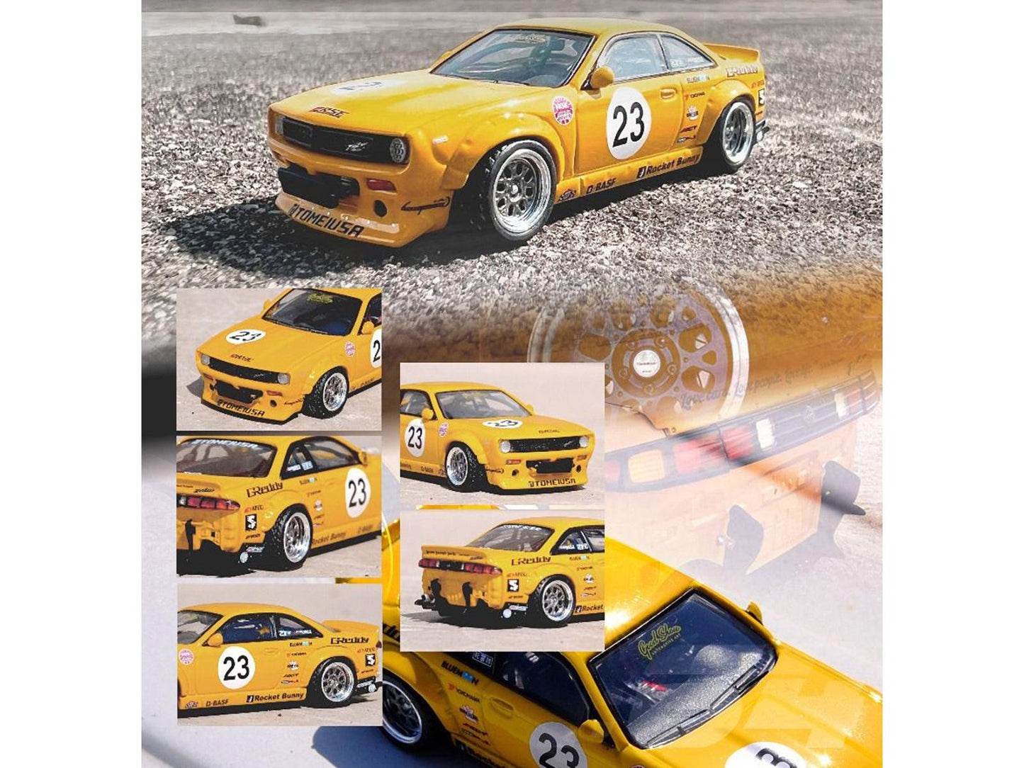 Nissan Silvia (S14) Boss RHD (Right Hand Drive) #23 Yellow "Rocket Bunny - SEMA (Specialty Equipment Market Association) Show 2015" 1/64 Diecast Model Car by Inno Models-DiecastModeler.com
