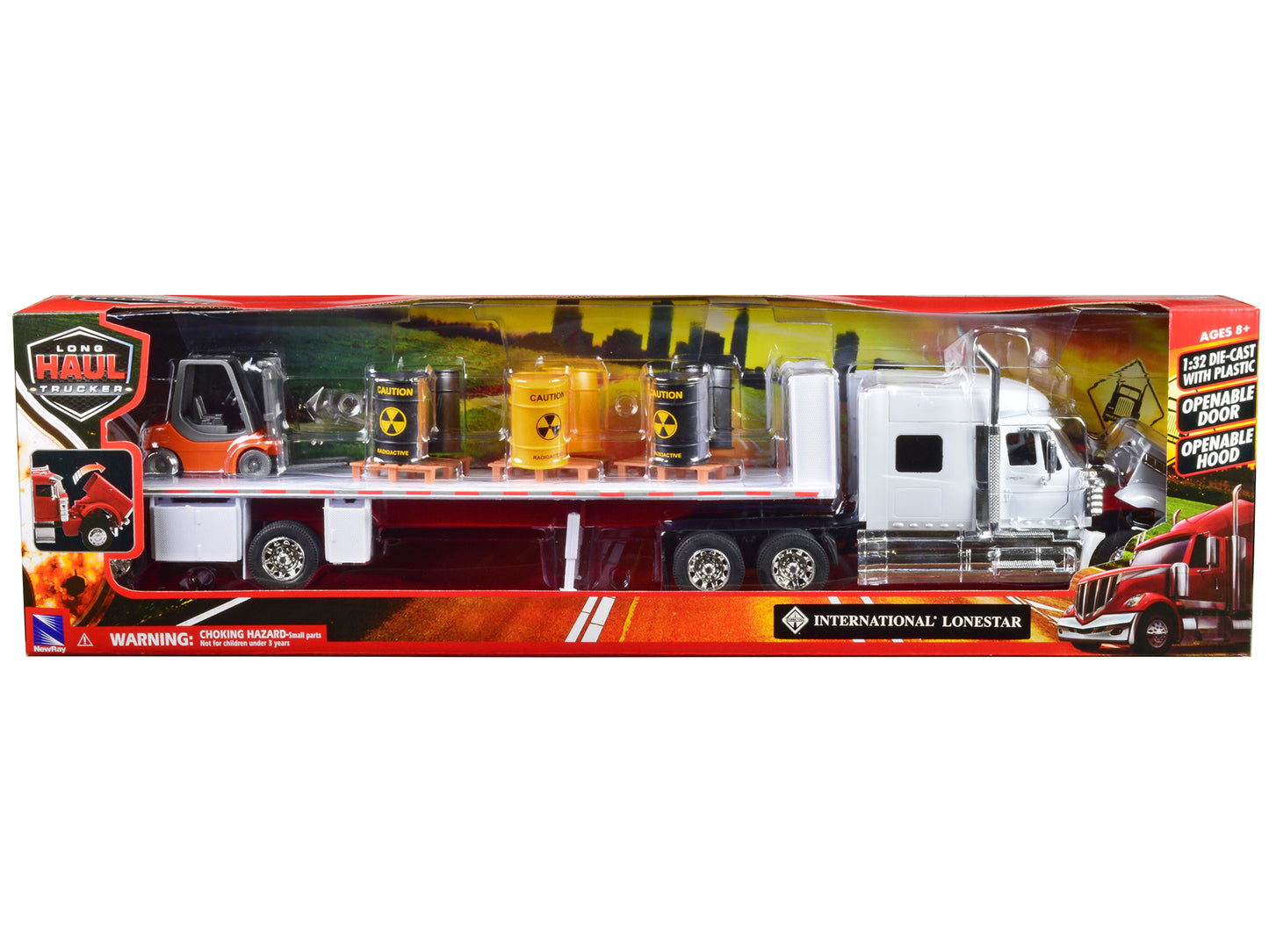 International Lonestar Flatbed Truck White with 6 Toxic Barrels 3 Pallets and Forklift "Long Haul Trucker" Series 1/32 Diecast Model by New Ray-DiecastModeler.com