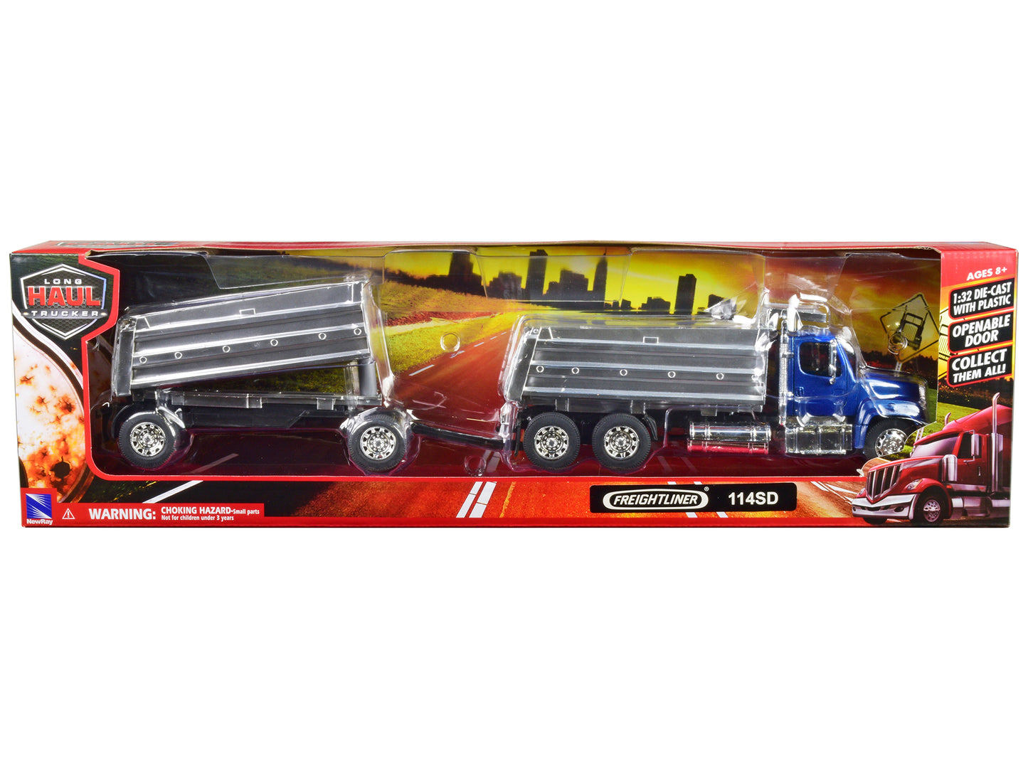 Freightliner 114SD Dump Truck with Twin Dump Body Blue "Long Haul Trucker" Series 1/32 Diecast Model by New Ray-DiecastModeler.com