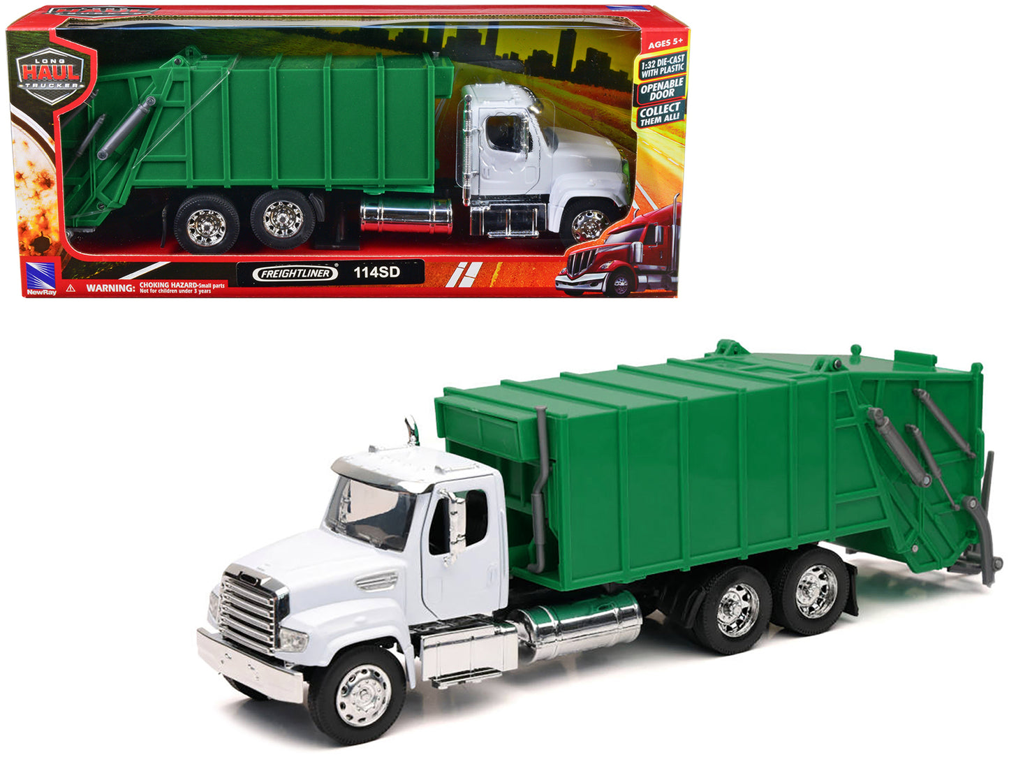 Freightliner 114SD Garbage Truck White and Green "Long Haul Trucker" Series 1/32 Diecast Model by New Ray-DiecastModeler.com