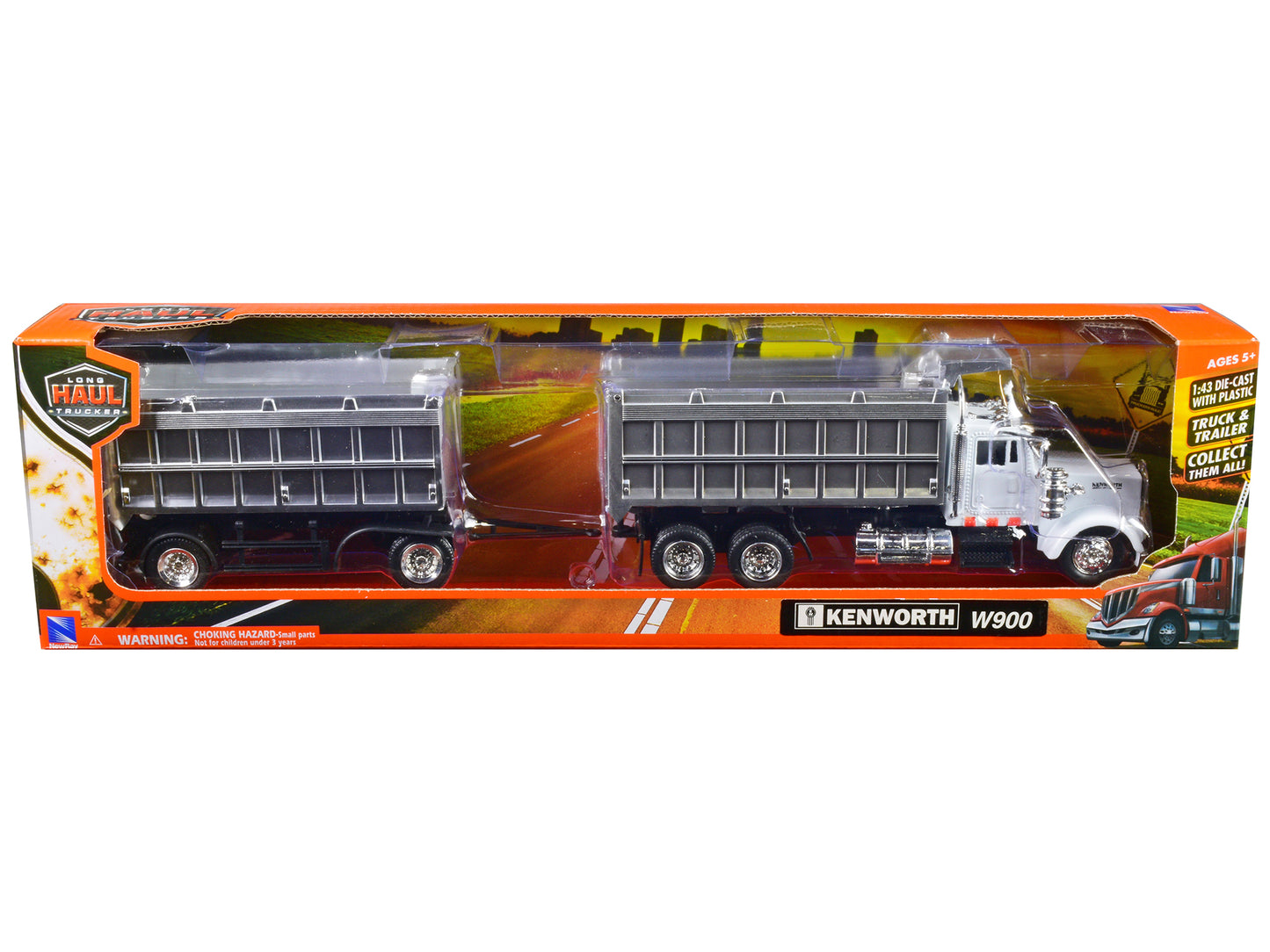 Kenworth W900 Dump Truck with Twin Dump Body White and Chrome "Long Haul Trucker" Series 1/43 Diecast Model by New Ray-DiecastModeler.com