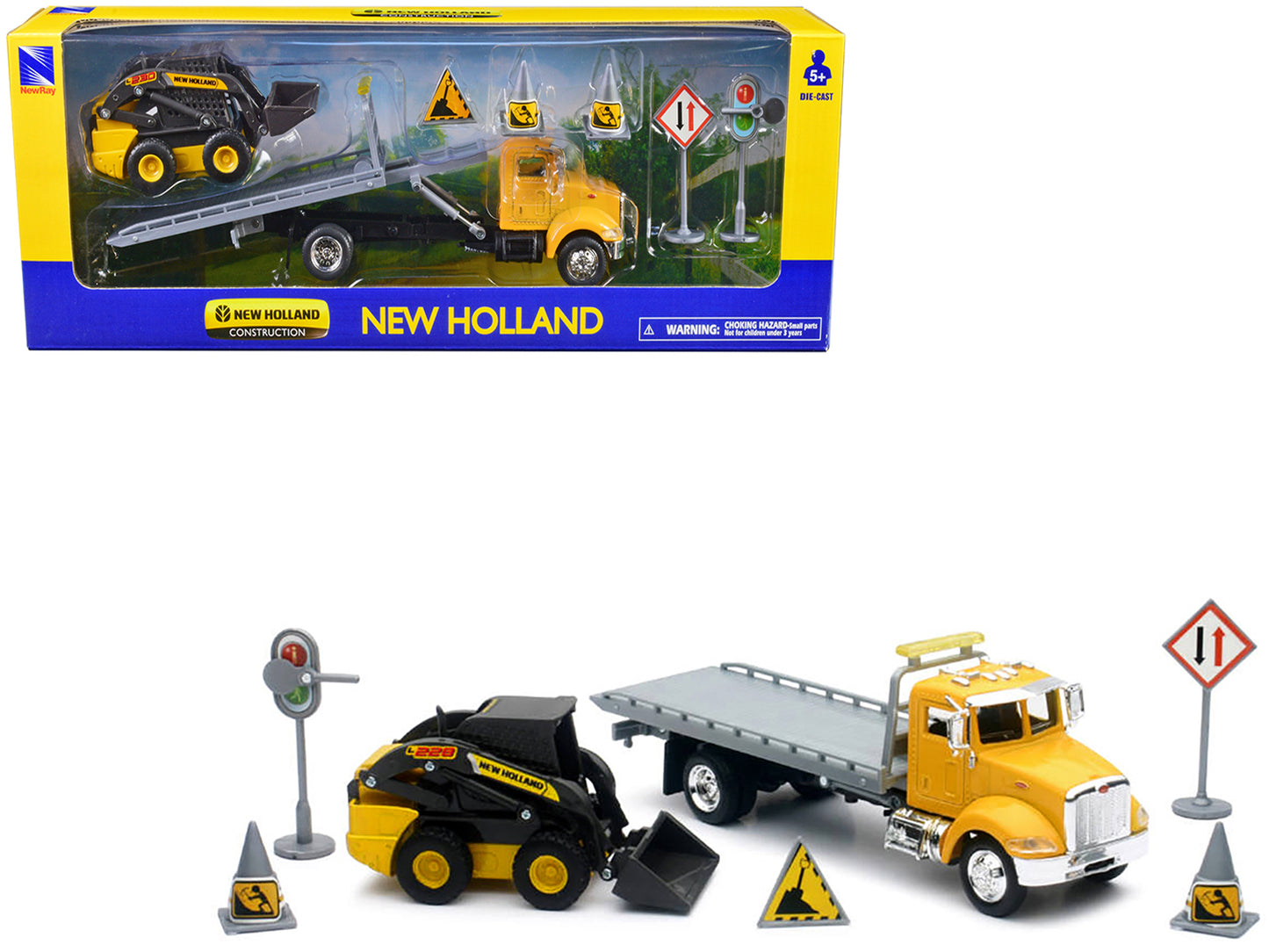 Peterbilt Roll-Off Flatbed Truck Yellow and New Holland L228 Skid Steer Yellow with Road Signs "New Holland Construction" Series 1/43 Diecast Model by New Ray-DiecastModeler.com