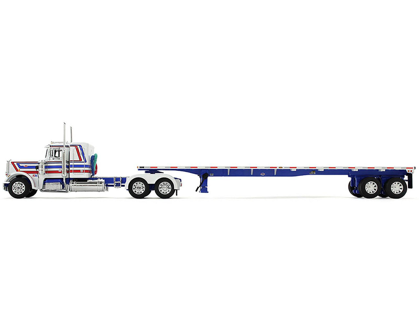 Peterbilt 359 with 36" Flat Top Sleeper and 48' Utility Flatbed Trailer White with Blue and Red Stripes "Bicentennial Patriot" 1/64 Diecast Model by DCP/First Gear-DiecastModeler.com
