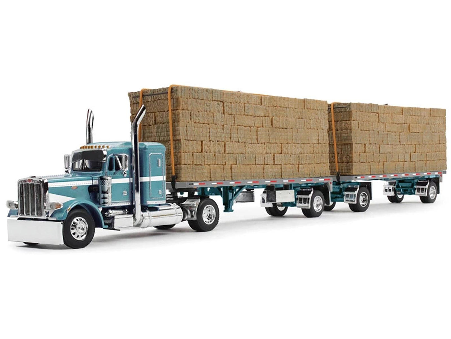 Peterbilt 389 36" Flat Top Sleeper with Utility Dual 28.5' Flatbed Trailers with Hay Loads Pacific Blue Metallic with White Stripes 1/64 Diecast Model by DCP/First Gear-DiecastModeler.com