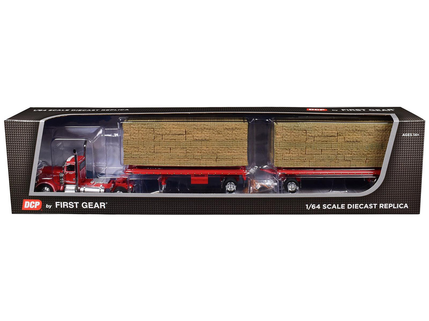 Peterbilt 389 Day Cab with Utility Dual 28.5' Flatbed Trailers with Hay Loads Viper Red with Graphics 1/64 Diecast Model by DCP/First Gear-DiecastModeler.com