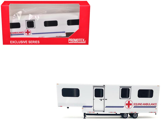 Equine Ambulance Trailer White with Blue Stripes 1/87 (HO) Plastic Model by Promotex