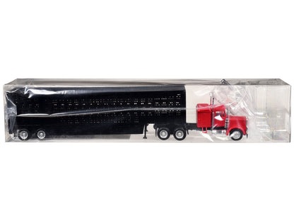 Peterbilt with Sleeper Cab Red with Black Livestock Trailer 1/87 (HO) Plastic Model Car by Promotex-DiecastModeler.com