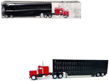 Peterbilt with Sleeper Cab Red with Black Livestock Trailer 1/87 (HO) Plastic Model Car by Promotex-DiecastModeler.com