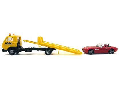 Flatbed Tow Truck "ADAC" Yellow and BMW Z4 Convertible Red Set of 2 pieces 1/87 (HO) Plastic Model Cars by Promotex-DiecastModeler.com