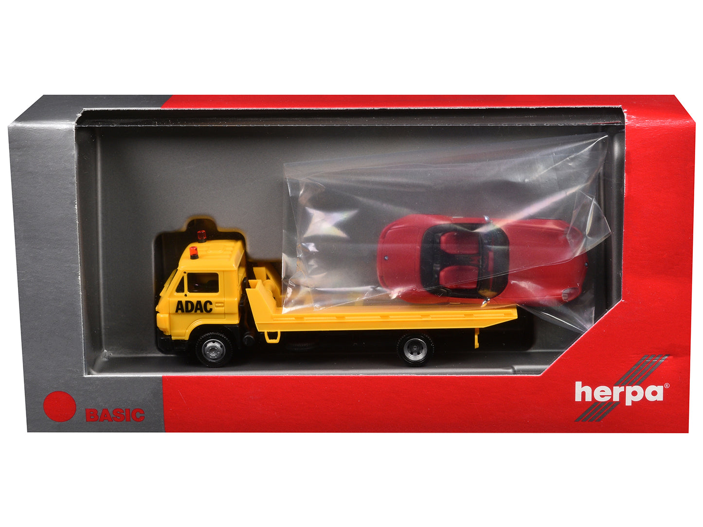 Flatbed Tow Truck "ADAC" Yellow and BMW Z4 Convertible Red Set of 2 pieces 1/87 (HO) Plastic Model Cars by Promotex