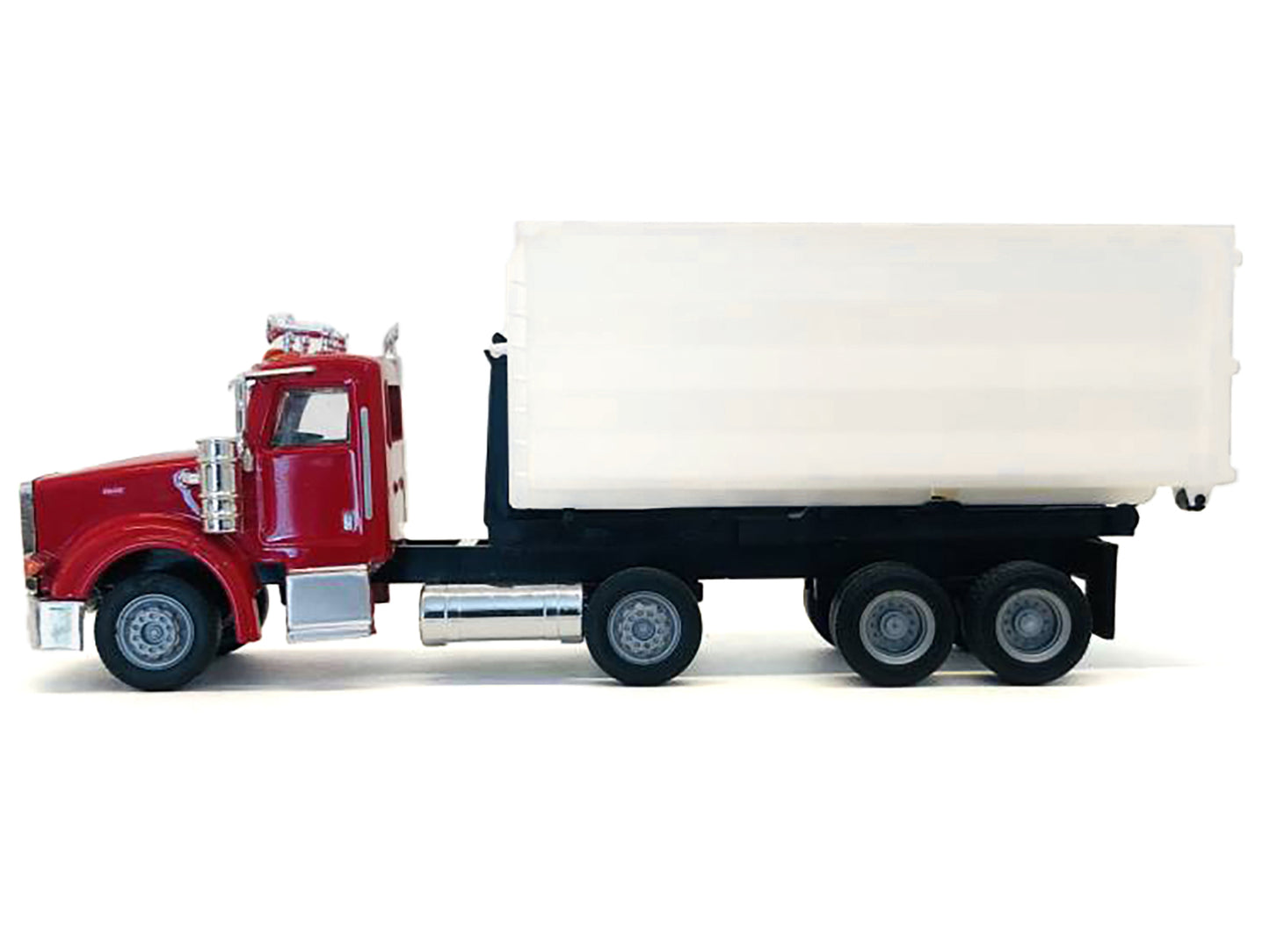 Peterbilt 367 Roll-Off Dump Truck Red with White Box 1/87 (HO) Plastic Model Car by Promotex-DiecastModeler.com