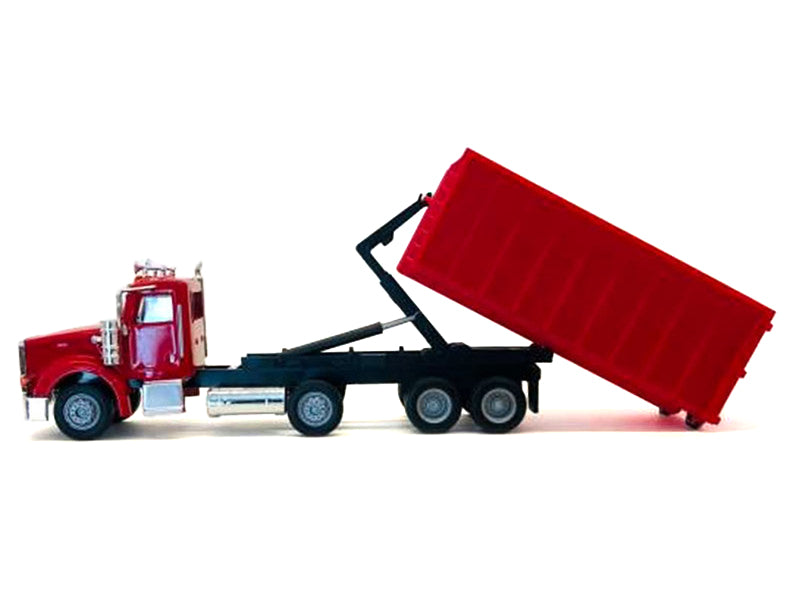 Peterbilt 367 Roll-Off Dump Truck Red with Red Box 1/87 (HO) Plastic Model Car by Promotex-DiecastModeler.com