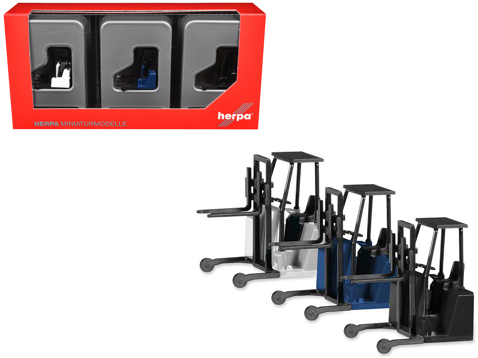 Forklifts with Trailer Bumper 3 Piece Set 1/87 (HO) Plastic Models by Promotex-DiecastModeler.com