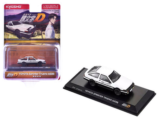Toyota Sprinter Trueno (AE86) RHD (Right Hand Drive) White and Black with Graphics "Initial D" Manga 1/64 Diecast Model Car by Kyosho-DiecastModeler.com