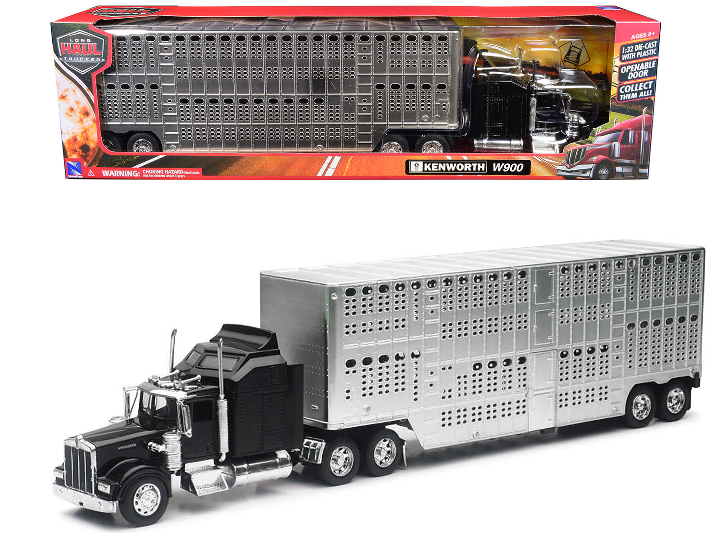 Kenworth W900 Truck Black with Pot Belly Livestock Chrome "Long Haul Truckers" Series 1/32 Diecast Model by New Ray