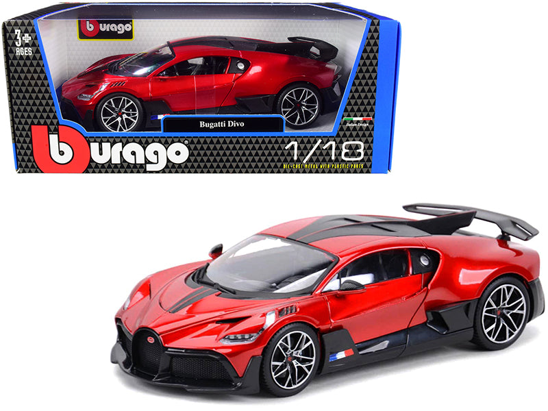 Bugatti Divo Red Metallic with Carbon Accents 1/18 Diecast Model Car by Bburago-DiecastModeler.com