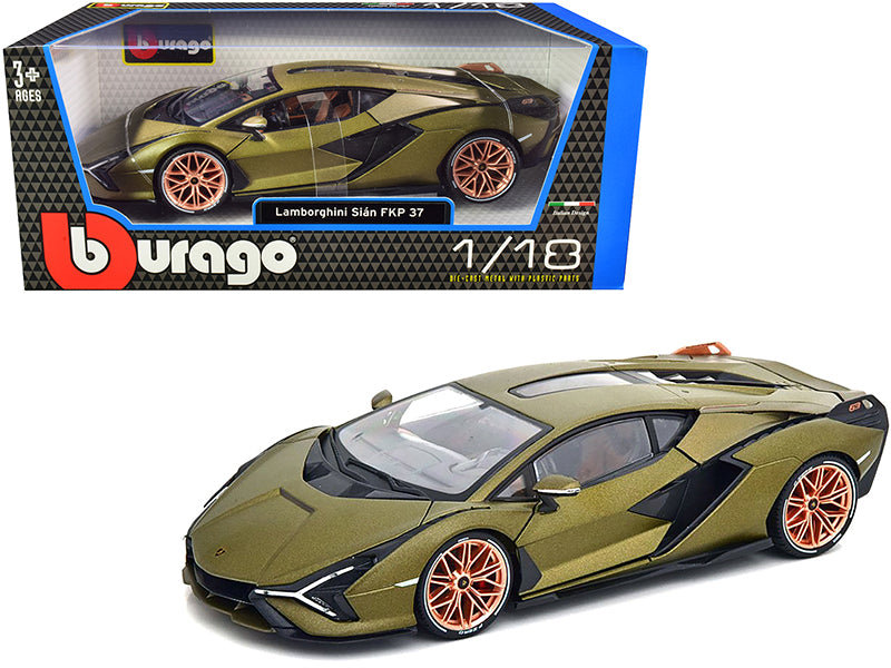 Lamborghini Sian FKP 37 Matt Green Metallic with Copper Wheels 1/18 Diecast Model Car by Bburago-DiecastModeler.com