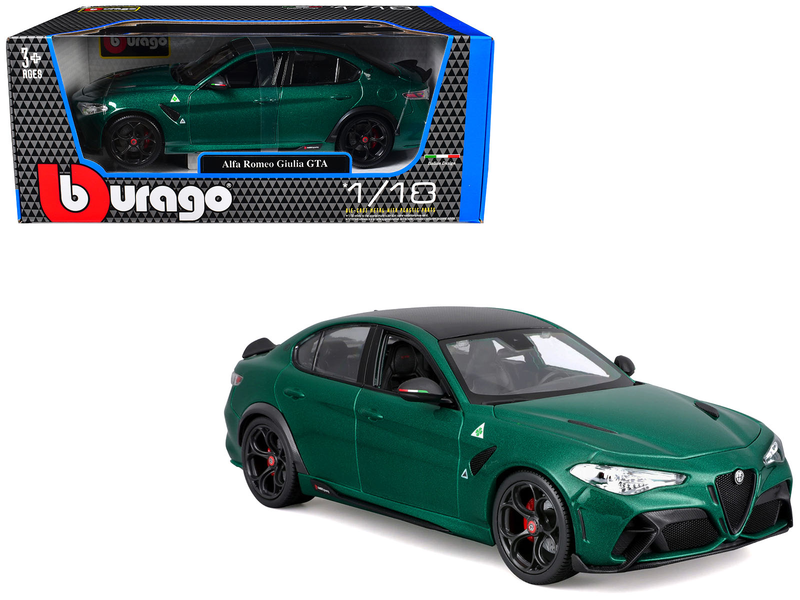 Alfa Romeo Giulia GTA Green Metallic with Carbon Top 1/18 Diecast Model Car by Bburago-DiecastModeler.com