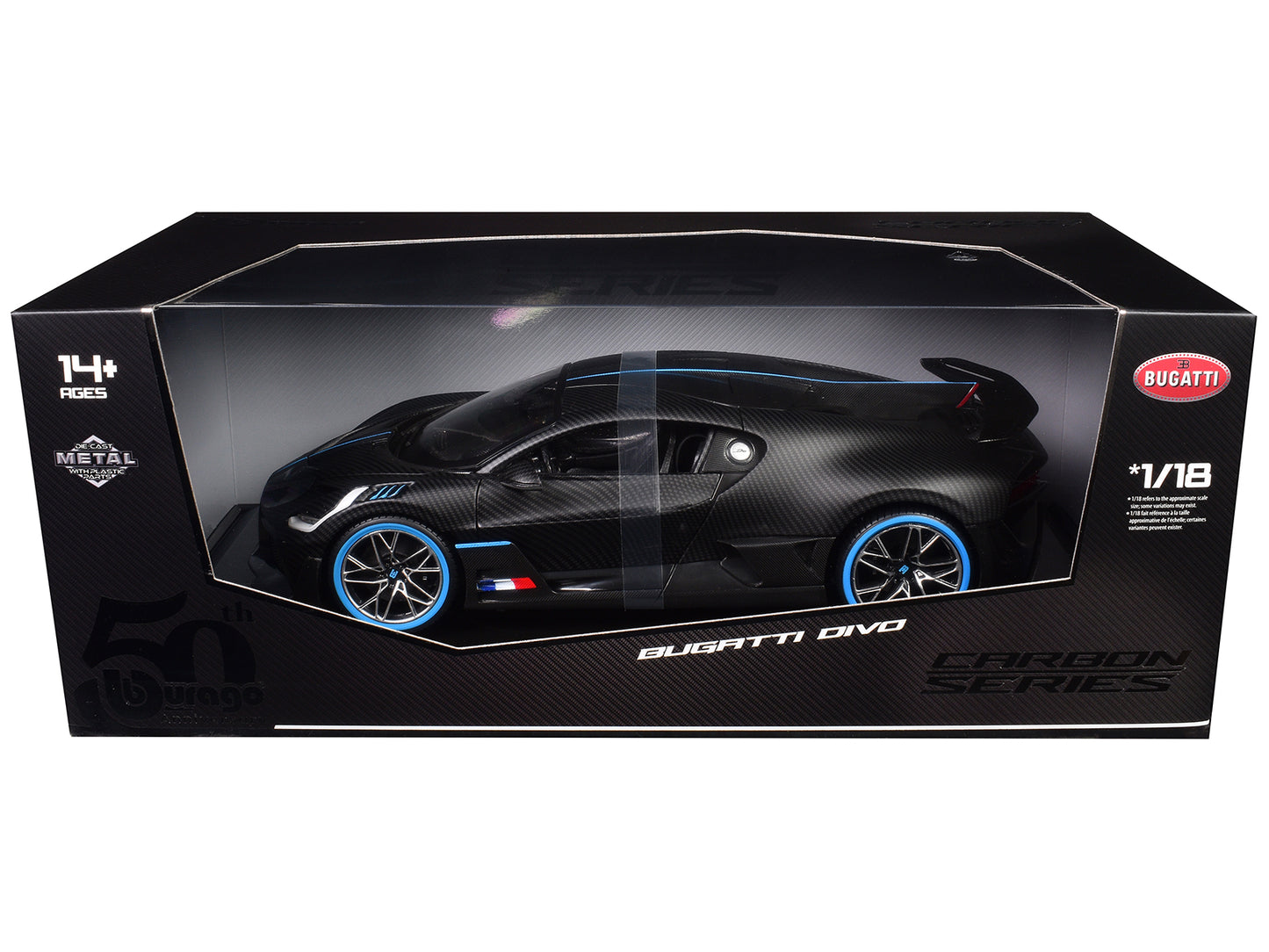 Bugatti Divo Carbon Fiber with Blue Accents "Carbon Series - Bburago 50th Anniversary" 1/18 Diecast Model Car by Bburago