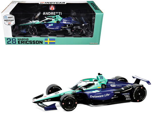 Dallara IndyCar #28 Marcus Ericsson "Delaware Life" Andretti Autosport "NTT IndyCar Series" (2024) 1/18 Diecast Model Car by Greenlight-DiecastModeler.com